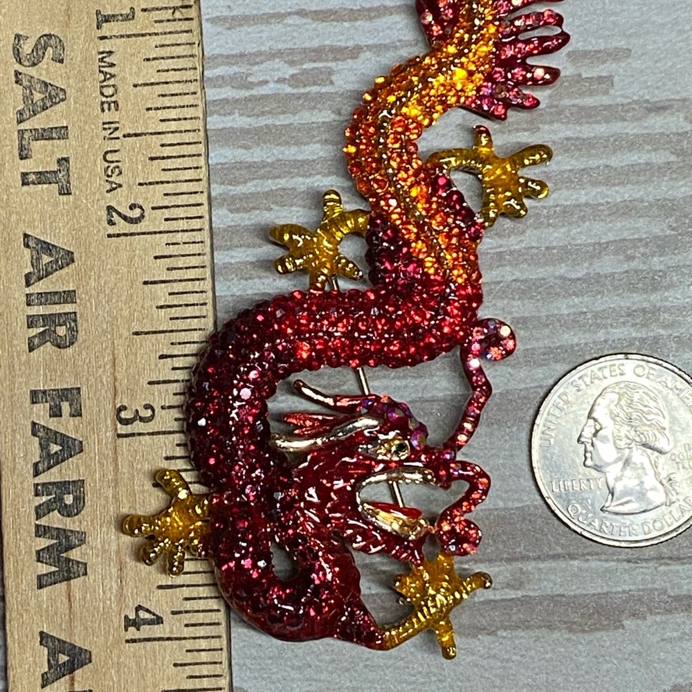 Large Statement Red Dragon Rhinestone Brooch Pin - image 3